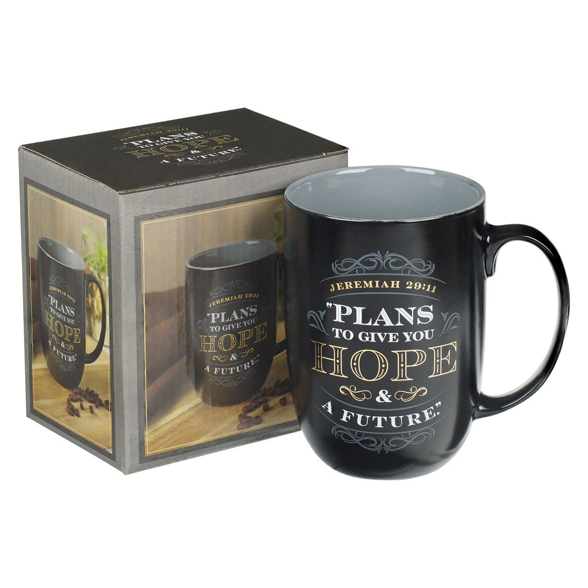 1220000322875_feature1 Plans To Give You Hope And A Future Black And Grey Ceramic Mug - Jer 29:11 - Image 3