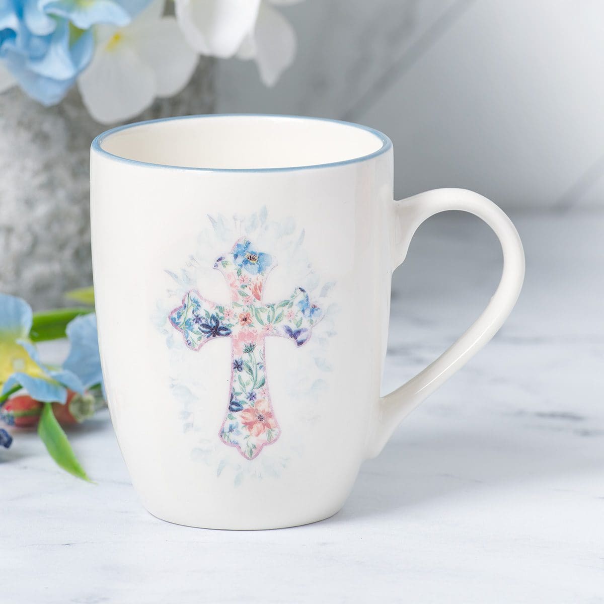 1220000323797_feature1 Floral Cross Blue Rimmed Ceramic Mug - Image 3