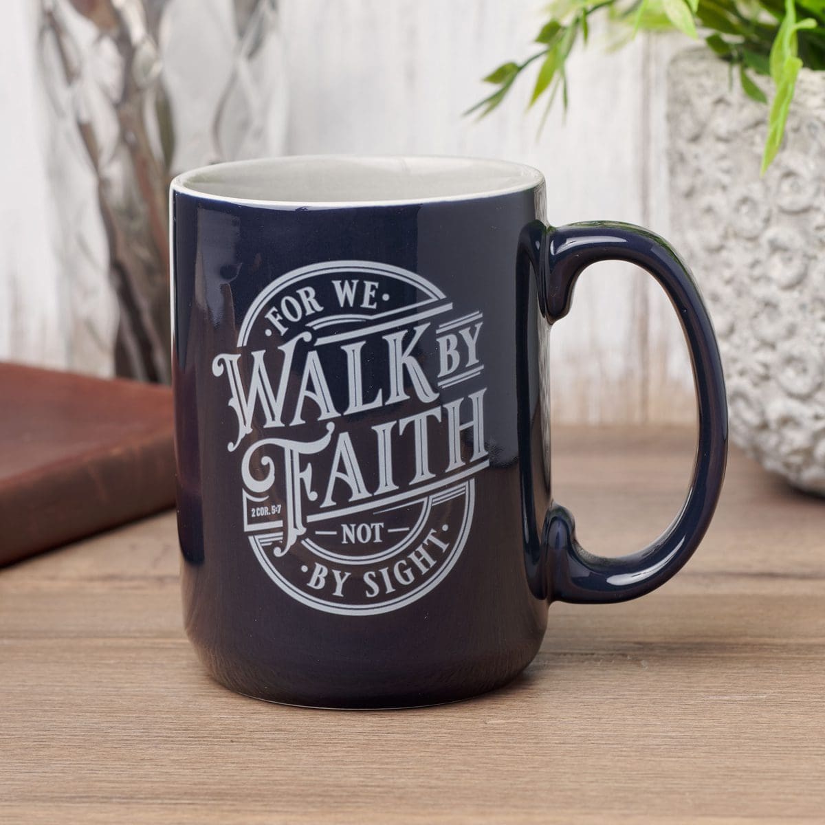 1220000325814_feature1 For We Walk by Faith Not by Sight Navy Ceramic Mug with Grey Interior - Image 2