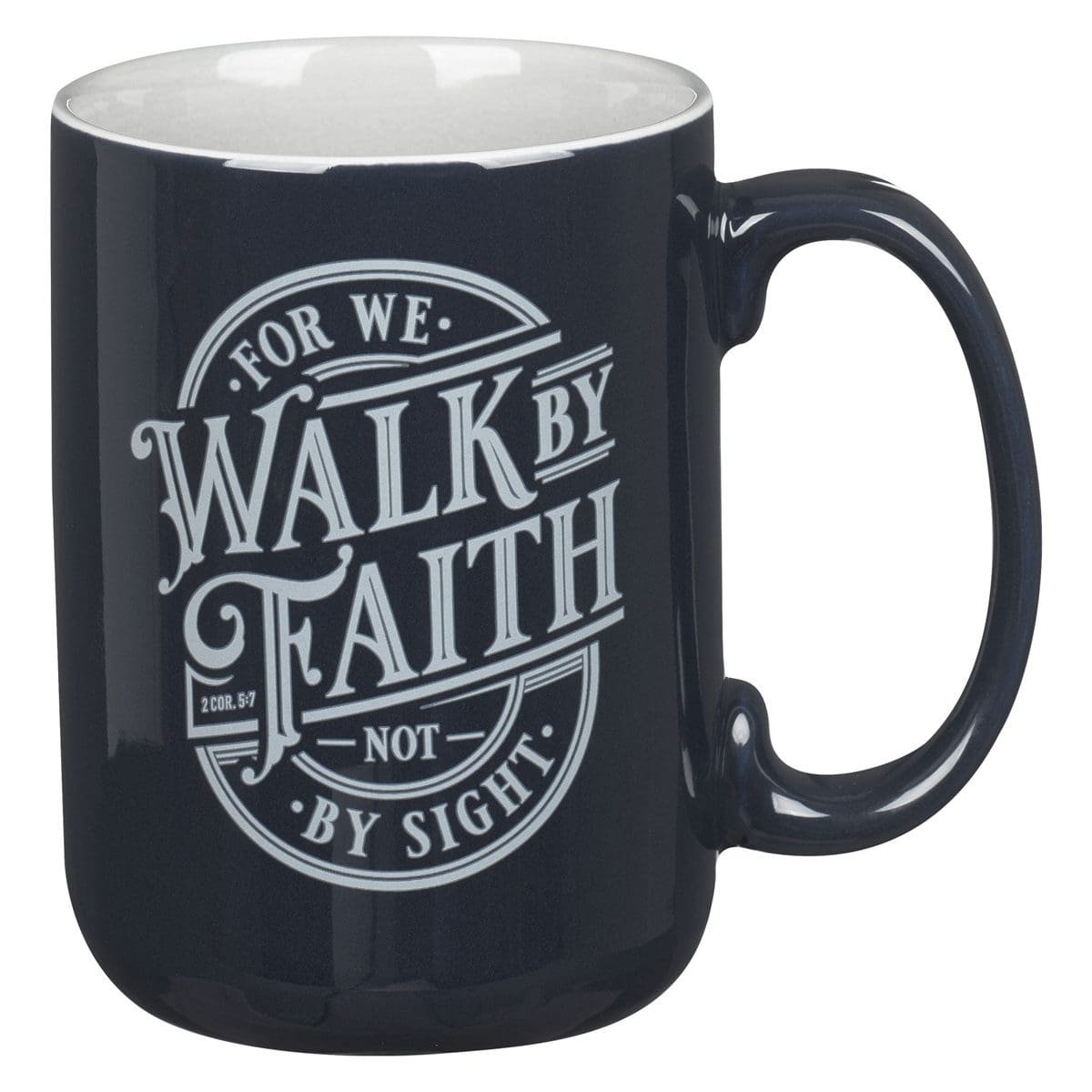 1220000325814_front For We Walk by Faith Not by Sight Navy Ceramic Mug with Grey Interior - Image 1