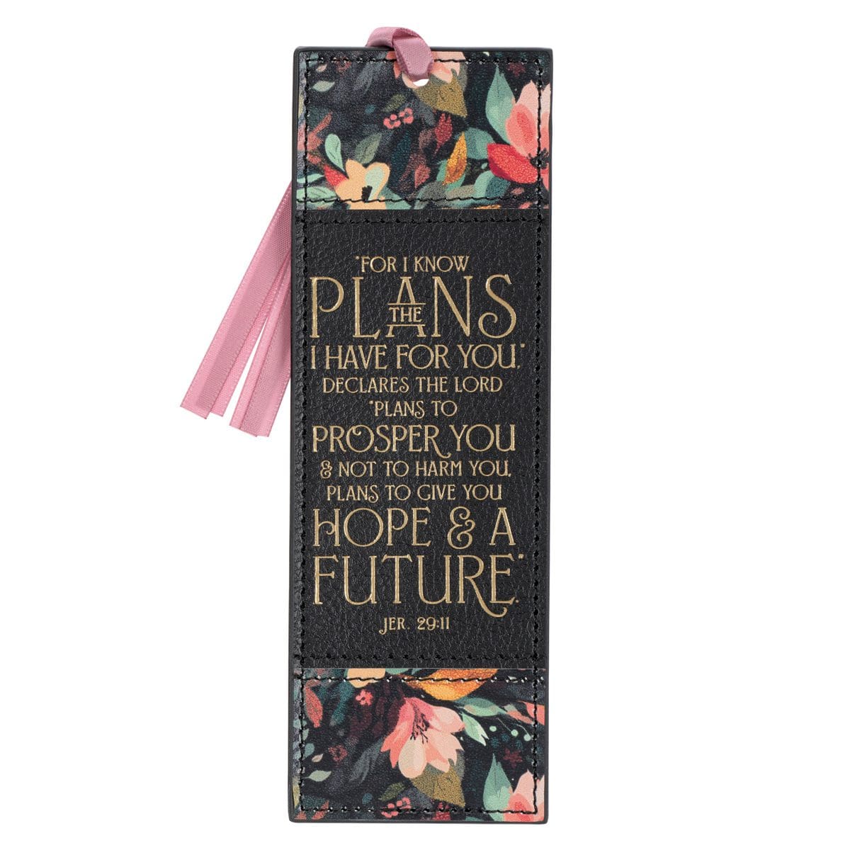 1220000326033_front For I Know the Plans I Have For You Black Faux Leather Bookmark - Image 1