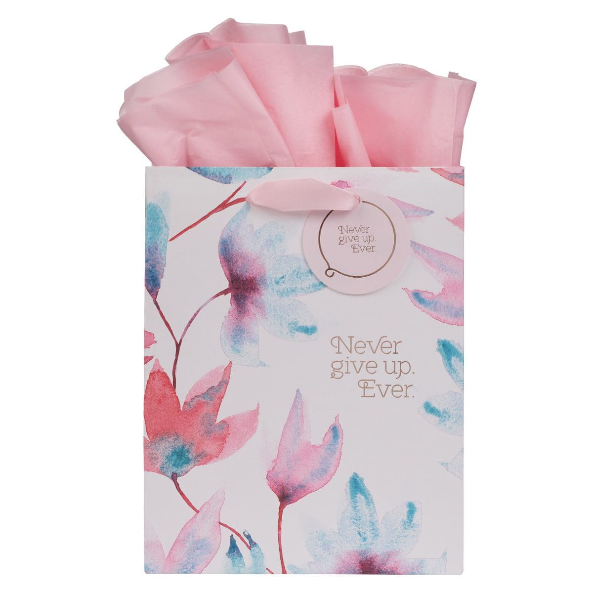 1230000109390_front Never Give Up Ever Pink Petals Medium Gift Bag with Gift Tag - Image 1