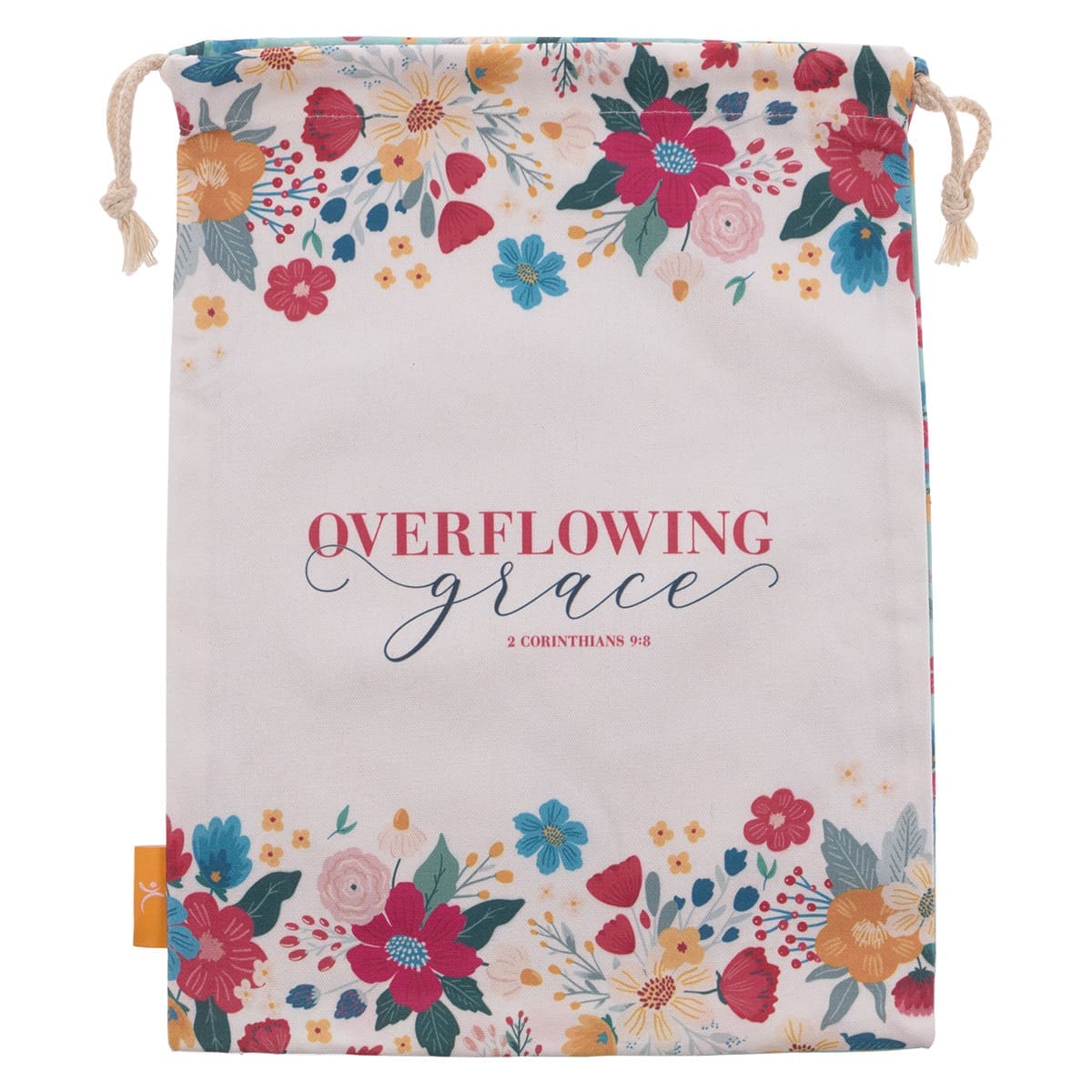 6006937155794_front Overflowing Grace Large Cotton Drawstring Bag - 2 Corinthians 9:8 - Image 1