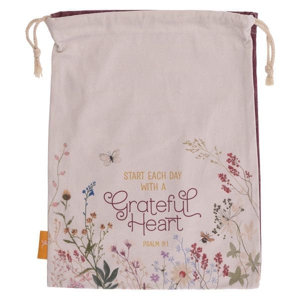 Start Each Day With A Grateful Heart Large Cotton Drawstring Bag - Psalm 9:1 - Image 1
