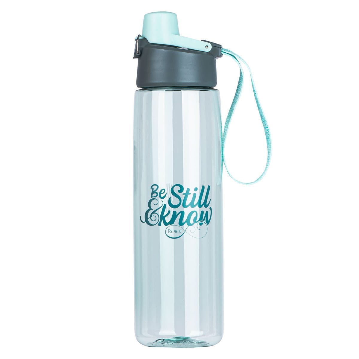 6006937158047_front Be Still And Know Plastic Water Bottle - Psalm 46:10 - Image 1