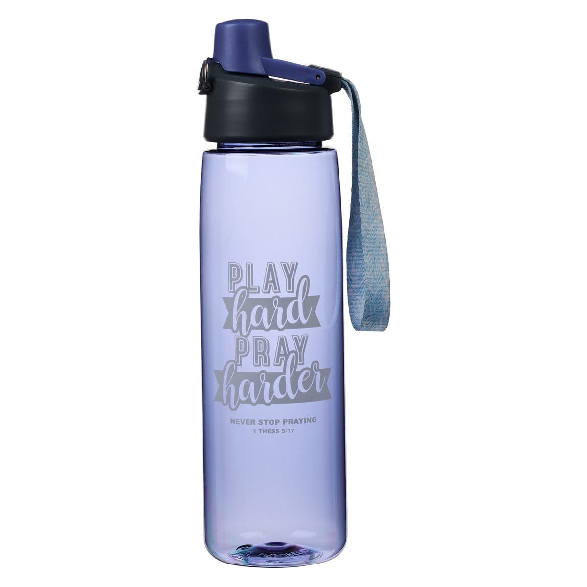6006937158078_front Play Hard, Pray Harder - Never Stop Praying Purple Plastic Water Bottle - Image 1