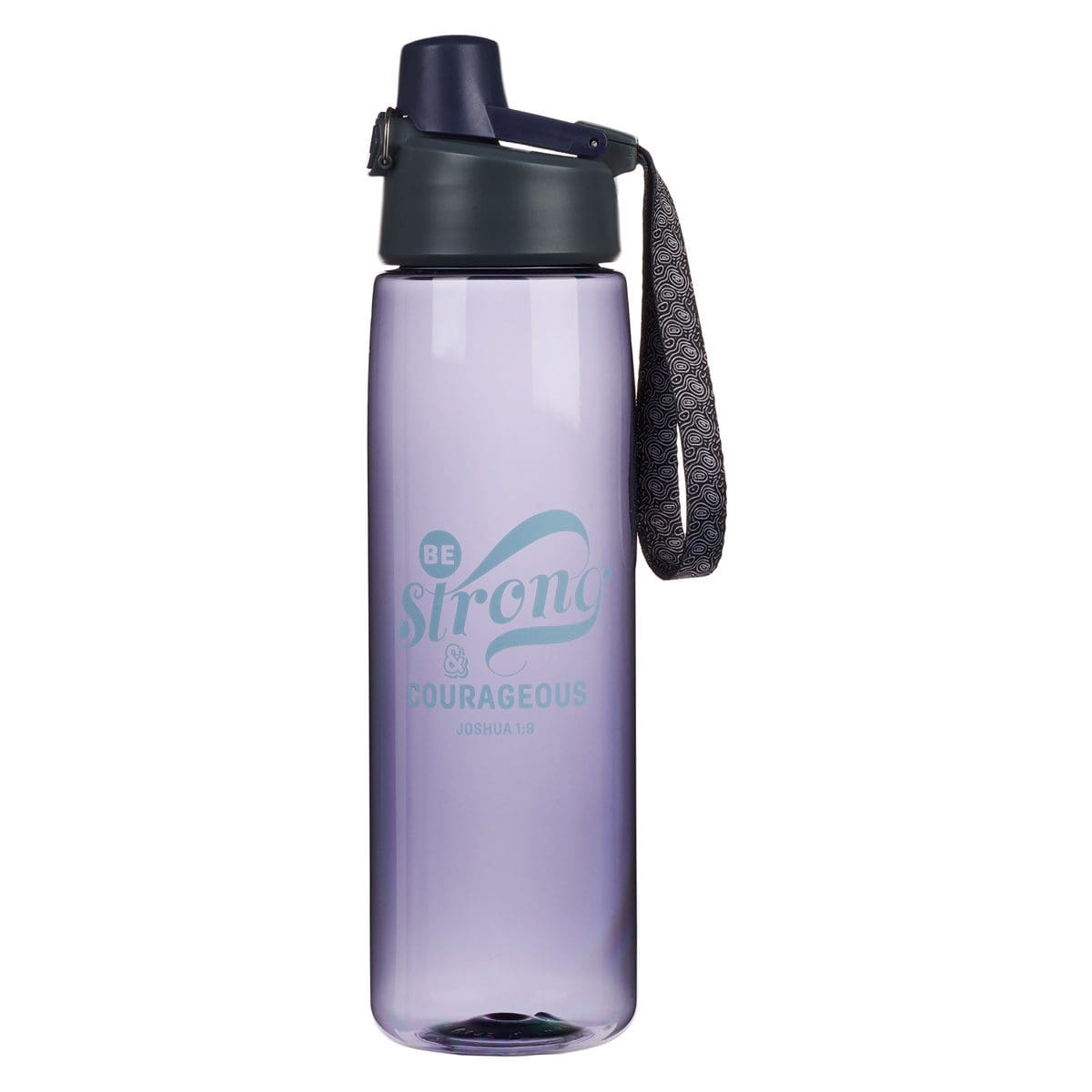 6006937158085_front Be Strong And Courageous Plastic Water Bottle - Joshua 1:9 - Image 1