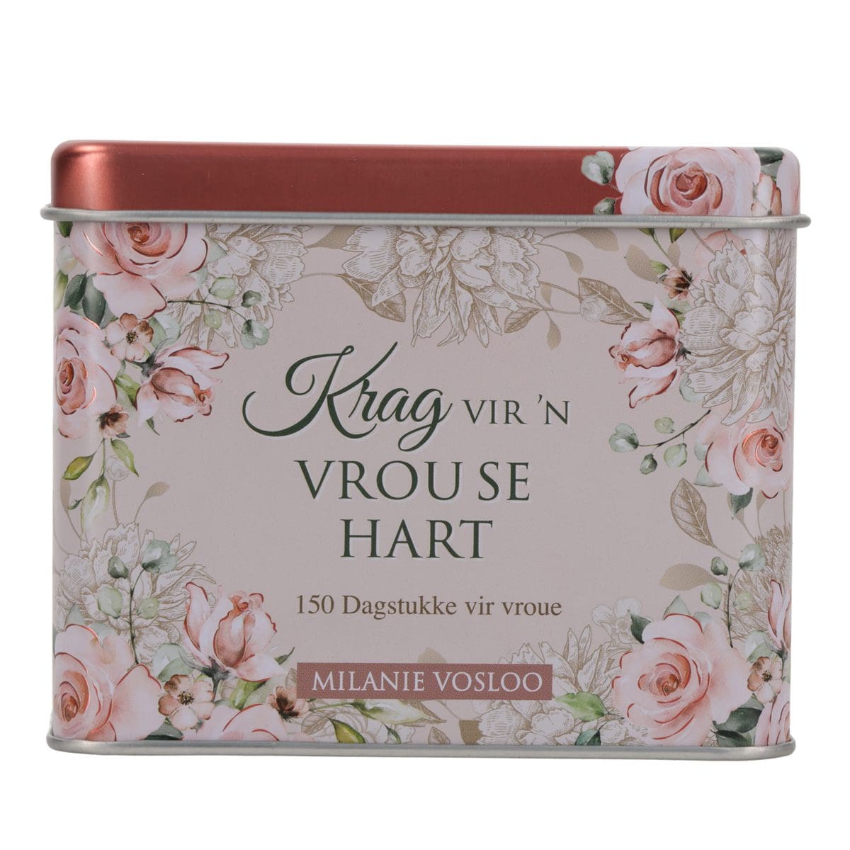 6006937159563_front Krag vir ’n Vrou Se Hart Afrikaans Cards In Tin - 150 Dagstukke vir Vroue - Image 1