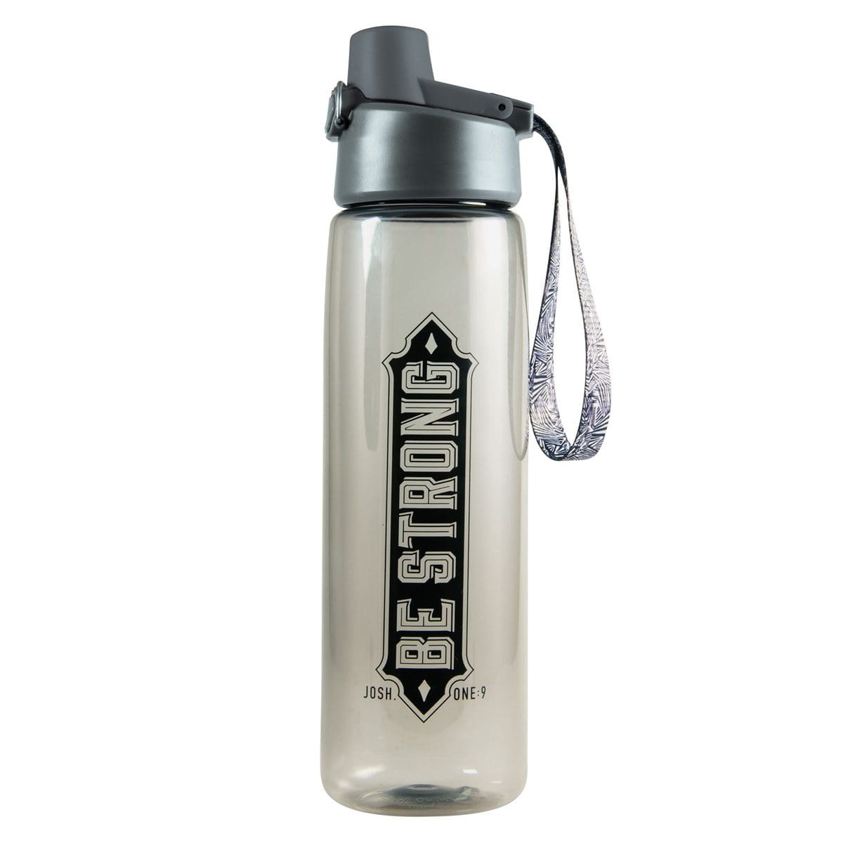 6006937162396_front Be Strong Black Plastic Water Bottle - Joshua 1:9 - Image 1