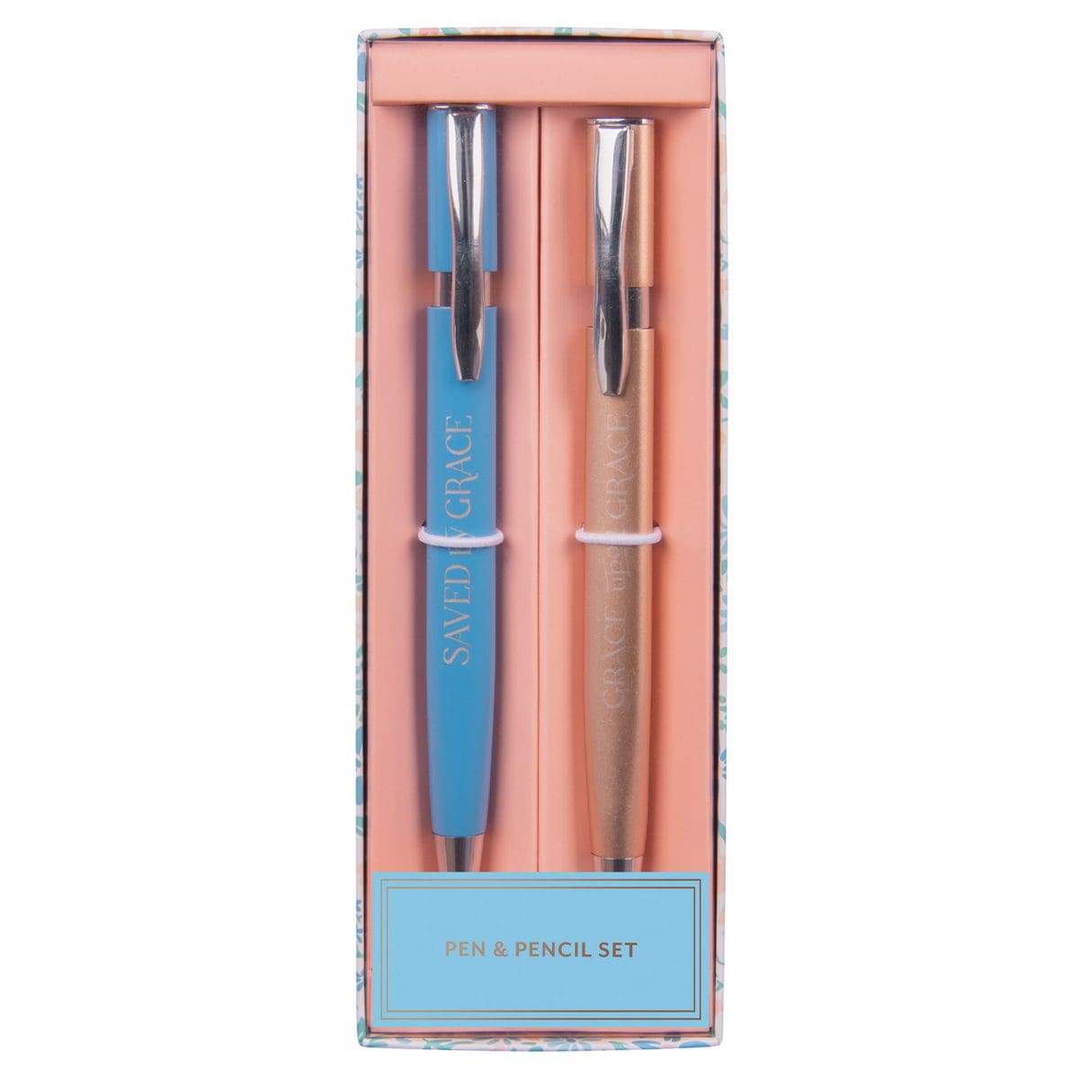 6006937165649_front Saved by Grace & Grace Upon Grace Turquoise Pen and Rose Gold Pencil Set - Image 1
