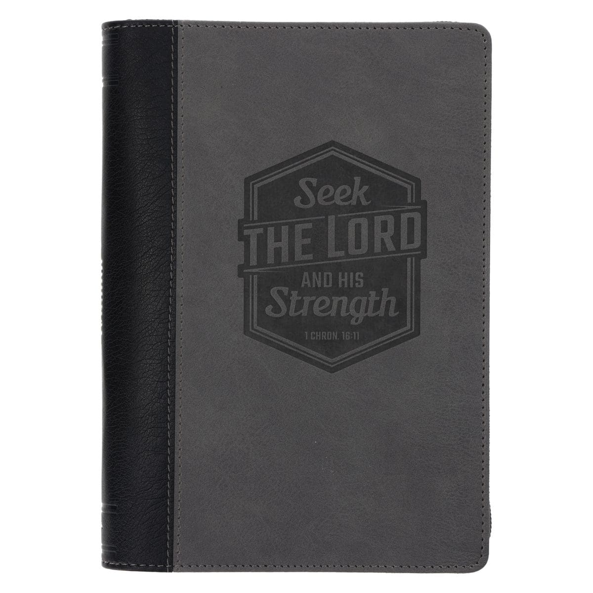 9780638002645_front Seek the Lord and His Strength Grey Faux Leather Journal with Zipped Closure - Image 2