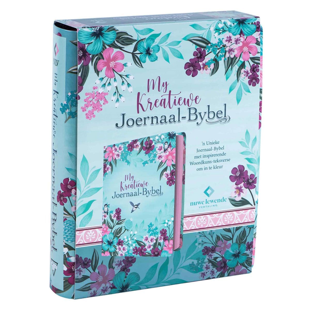 9781431626403_feature1 NLV Turkoois Met Pienk Blomme Kunsleer My Kreatiewe Joernaal-Bybel - Image 2