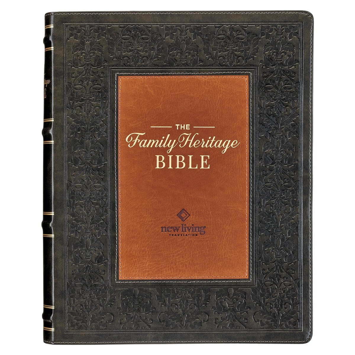 9781639522309_front NLT Dark Olive And Brown Faux Leather Flexcover The Family Heritage Bible - Image 1