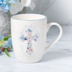 Floral Cross Blue Rimmed Ceramic Mug - Image 6