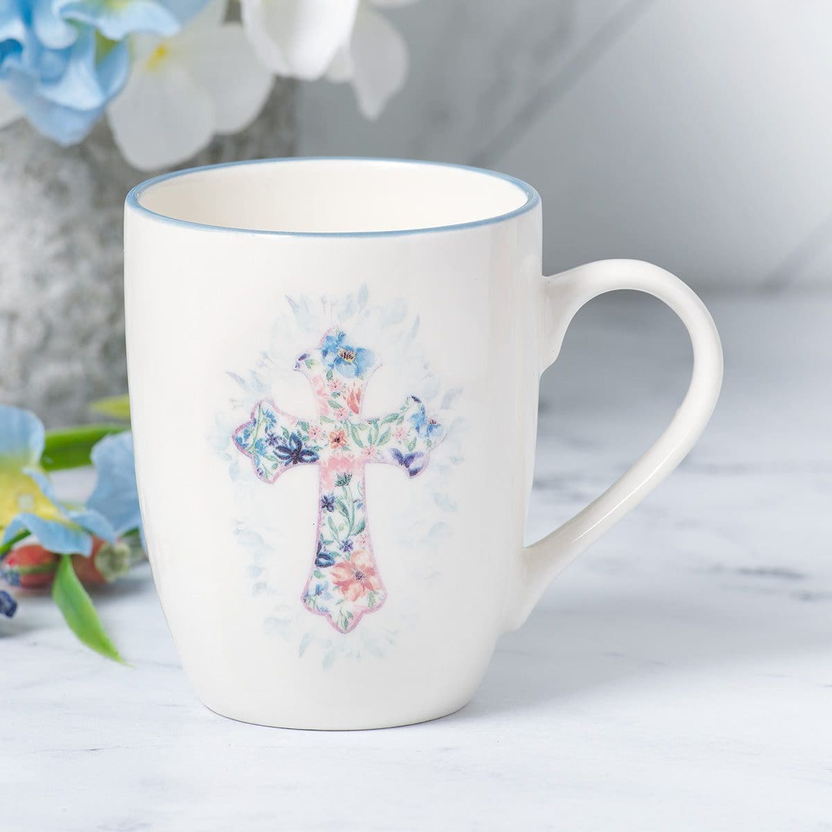 1220000323797_feature1 Floral Cross Blue Rimmed Ceramic Mug - Image 6