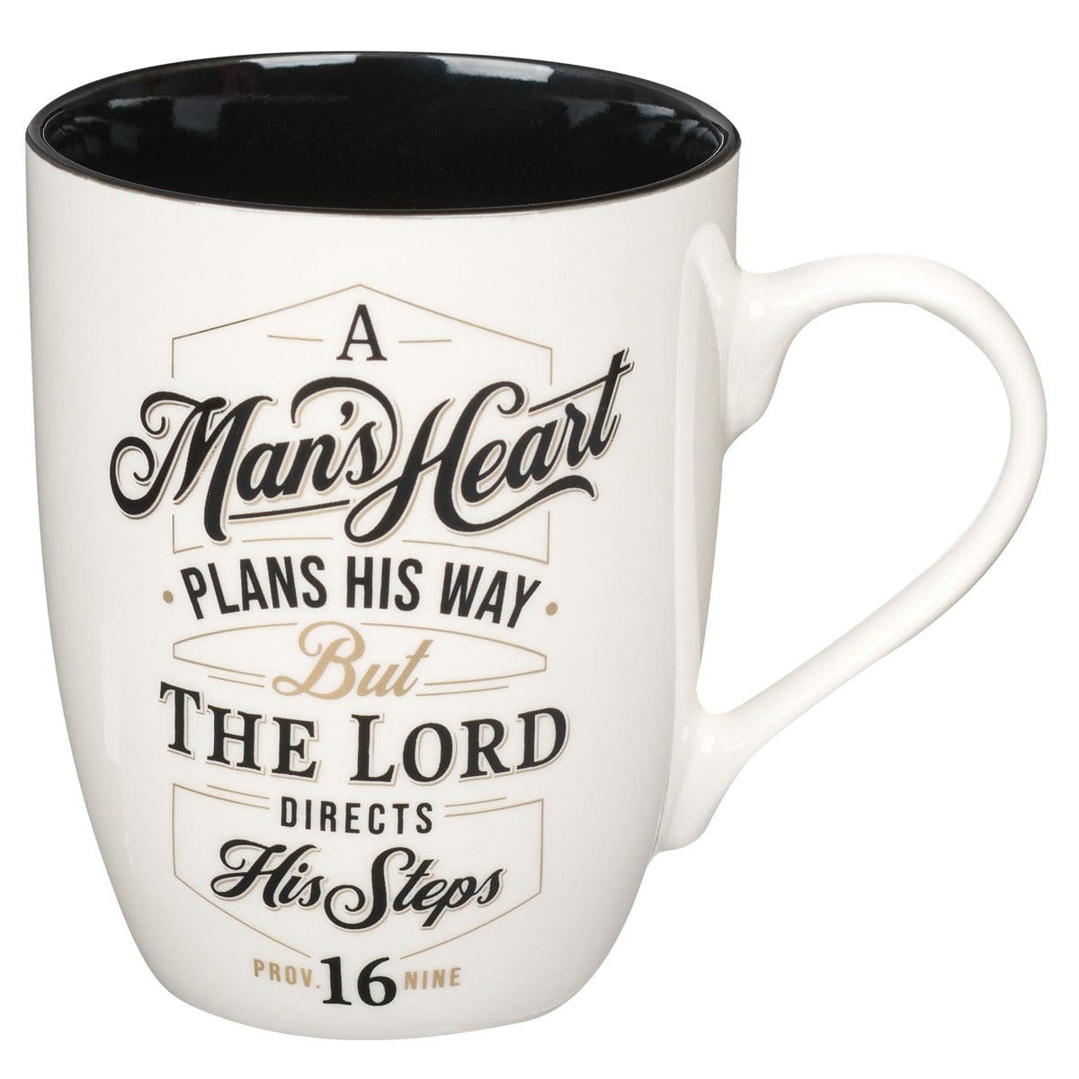 1220000323858_front A Man's Heart Plans His Way Ceramic Mug With Black Interior - Proverbs 16:9 - Image 1