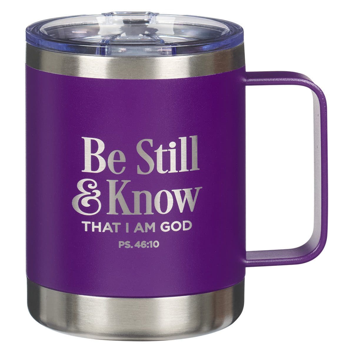 1220000324992_front Be Still and Know That I Am God Purple Stainless Steel Camp Style Mug - Image 3
