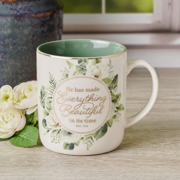 He Has Made Everything Beautiful in It's Time Floral Ceramic Mug with Green Interior - Image 4