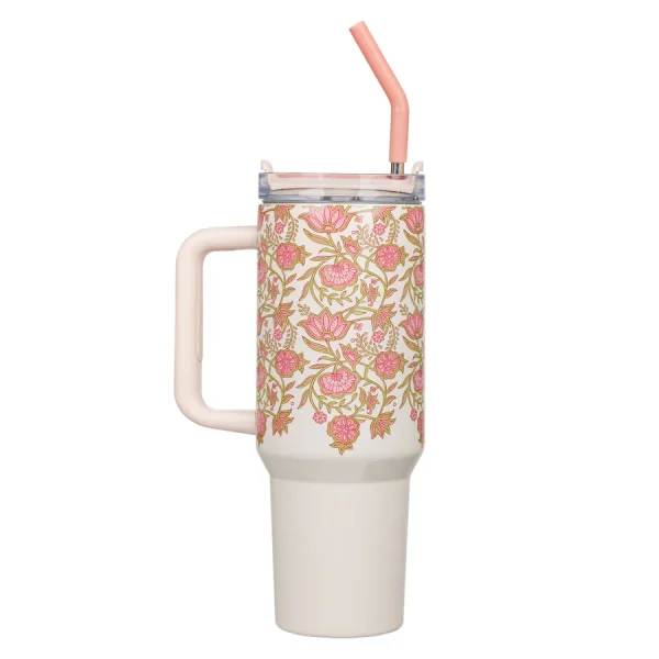 Pink Large Stainless Steel Travel Mug with Handle and Straw - Image 2