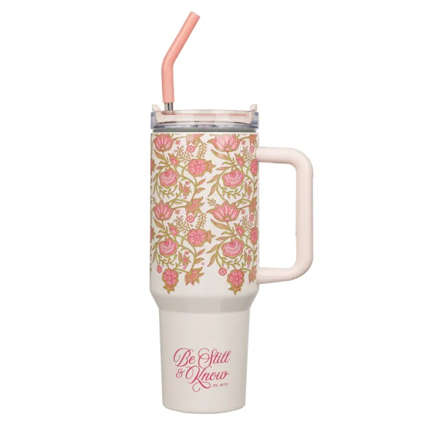 Pink Large Stainless Steel Travel Mug with Handle and Straw - Image 1