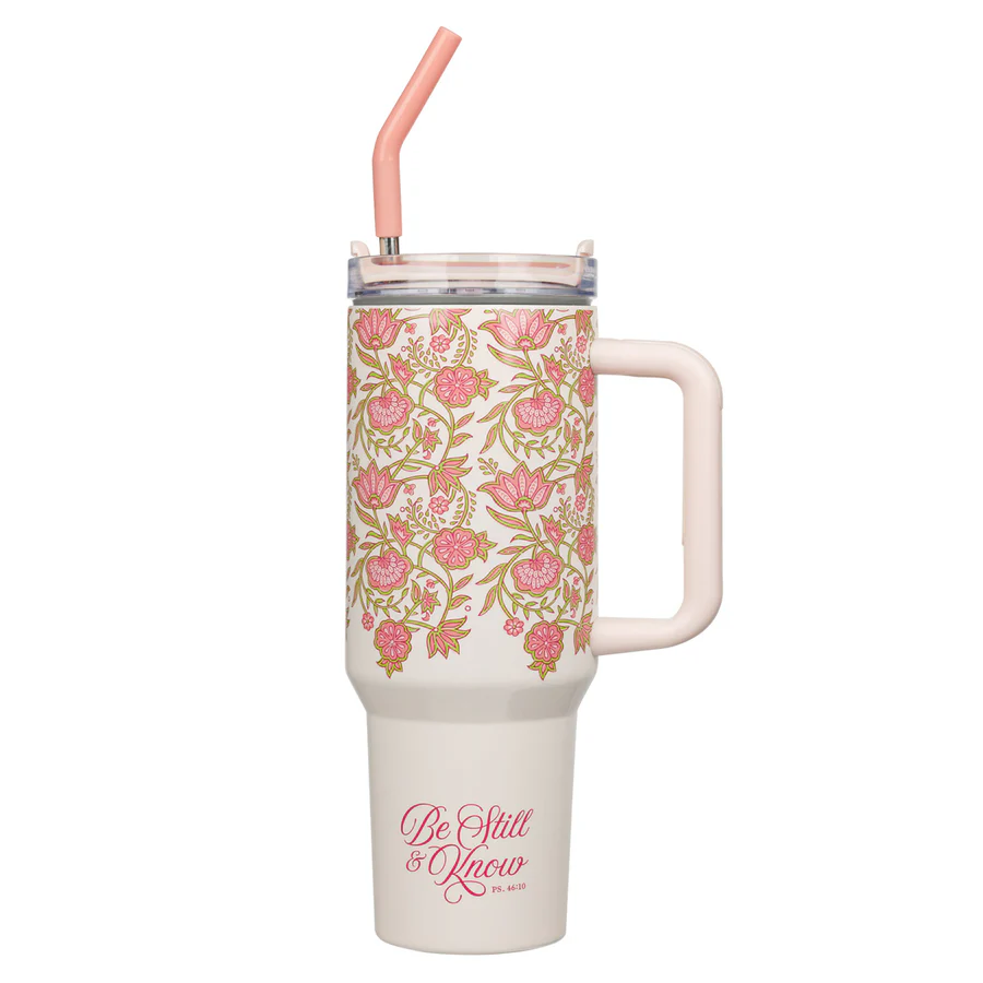 1220000326149_front_7d666297-3391-4bc5-bc4d-f1390d94da70 Pink Large Stainless Steel Travel Mug with Handle and Straw - Image 1