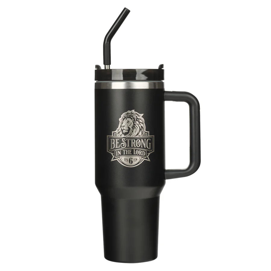 1220000326170_front Be Strong in the Lord Large Stainless Steel Travel Mug with Handle and Straw - Image 1