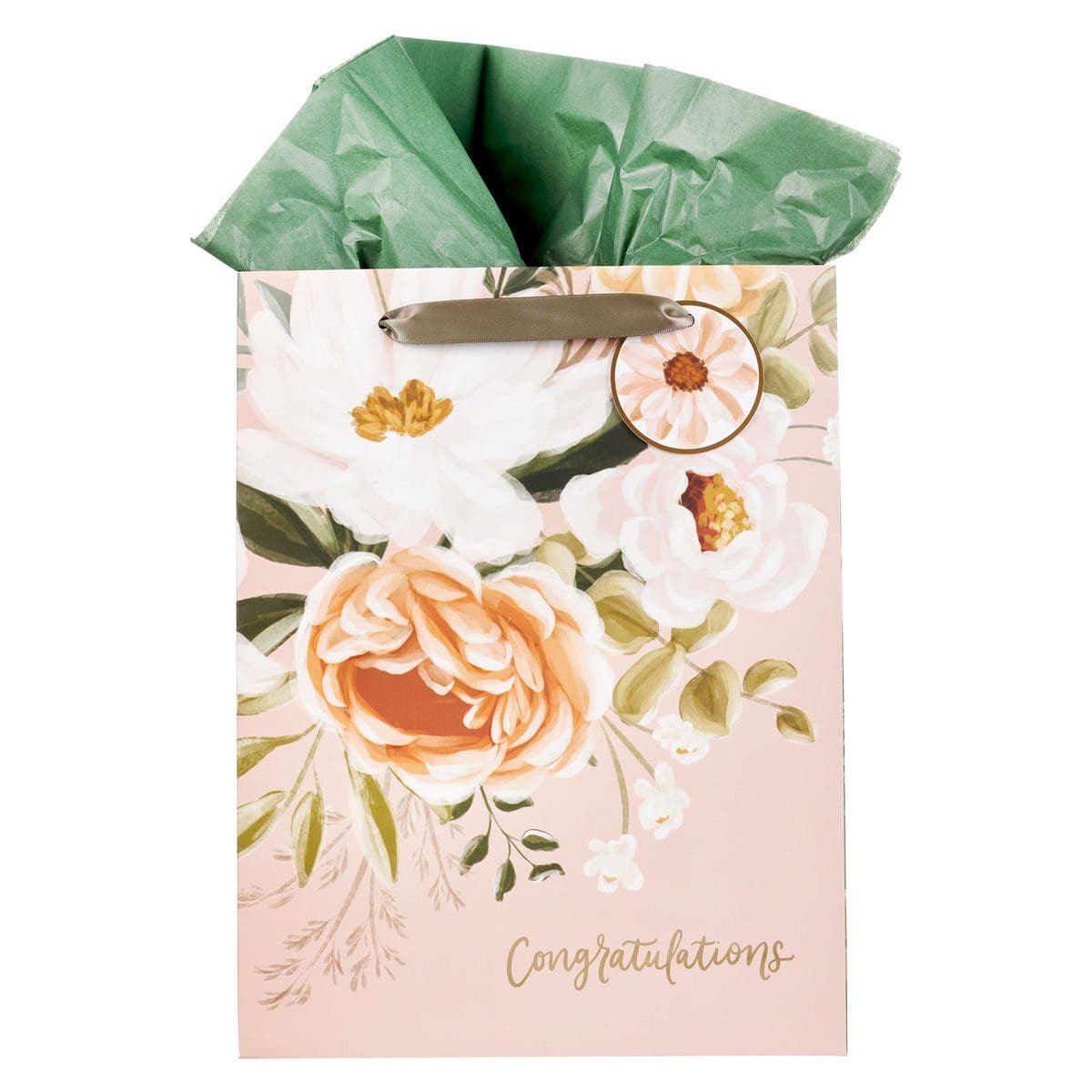 1220000326743_front Congratulations Neutral Floral Portrait Gift Bag with Gift Tag - Image 1