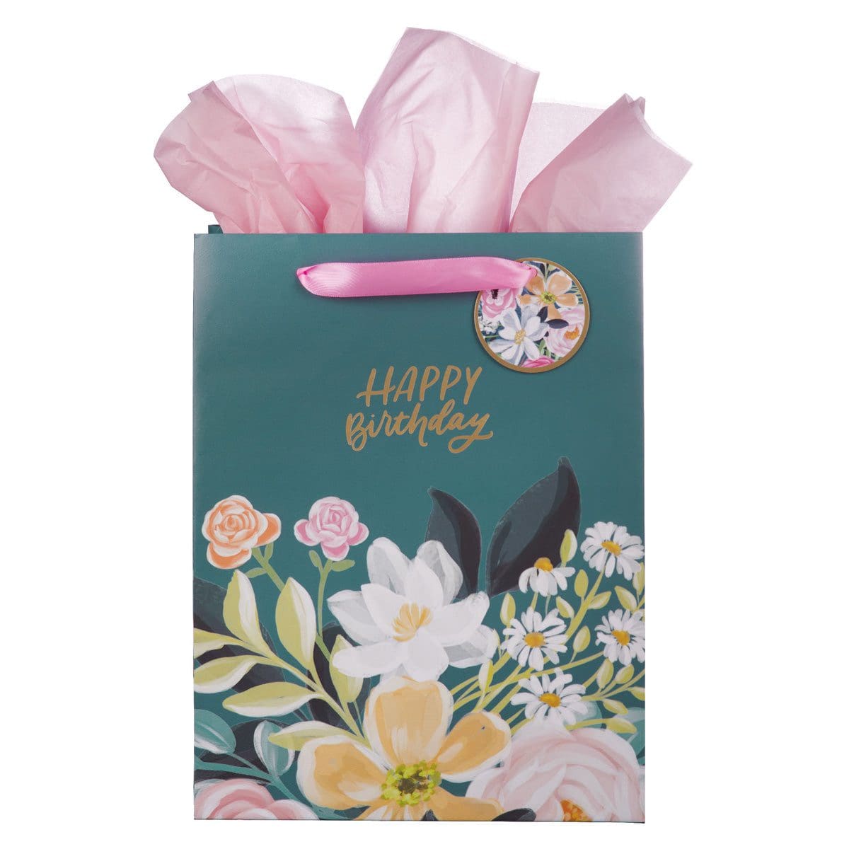 1220000326767_front Happy Birthday Dark Floral Portrait Gift Bag with Gift Tag - Image 1