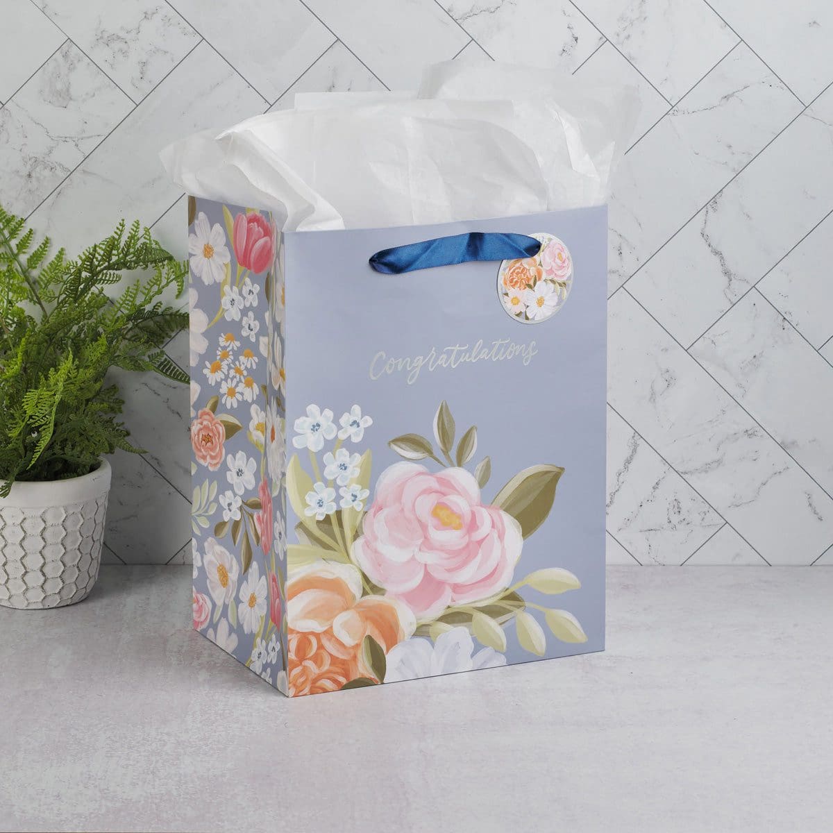1220000326774_feature1 Congratulations Blue Floral Portrait Gift Bag with Gift Tag - Image 2