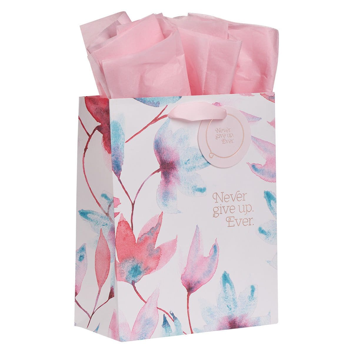1230000109390_feature1 Never Give Up Ever Pink Petals Medium Gift Bag with Gift Tag - Image 8