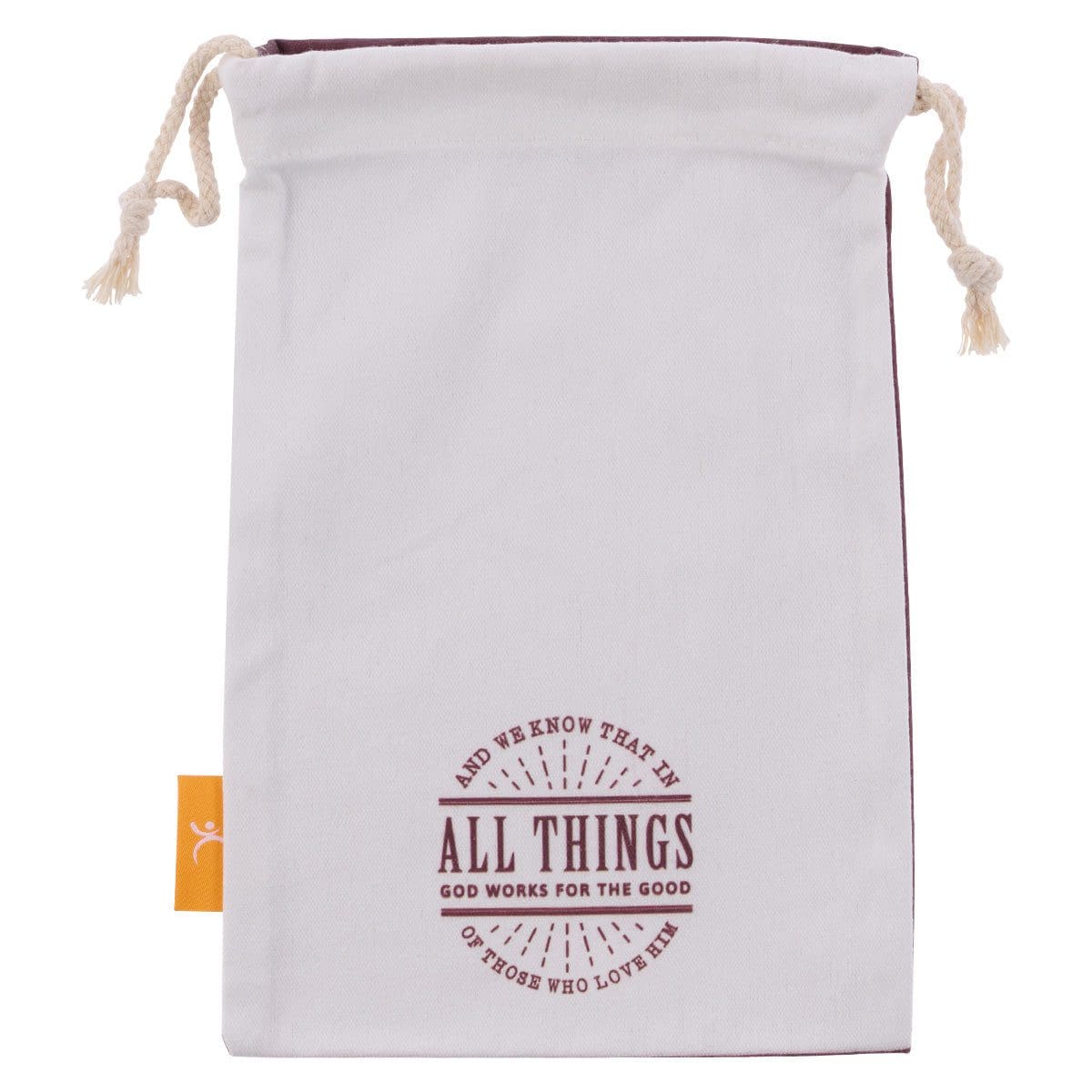 6006937156098_front All Things God Works For The Good Small Cotton Drawstring Bag - Romans 8:28 - Image 3