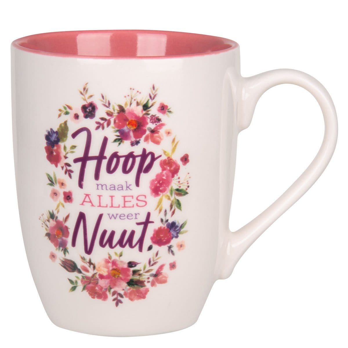 6006937169555_front Hoop Maak Alles Weer Nuut Afrikaans Ceramic Mug with Pink Interior - Image 1