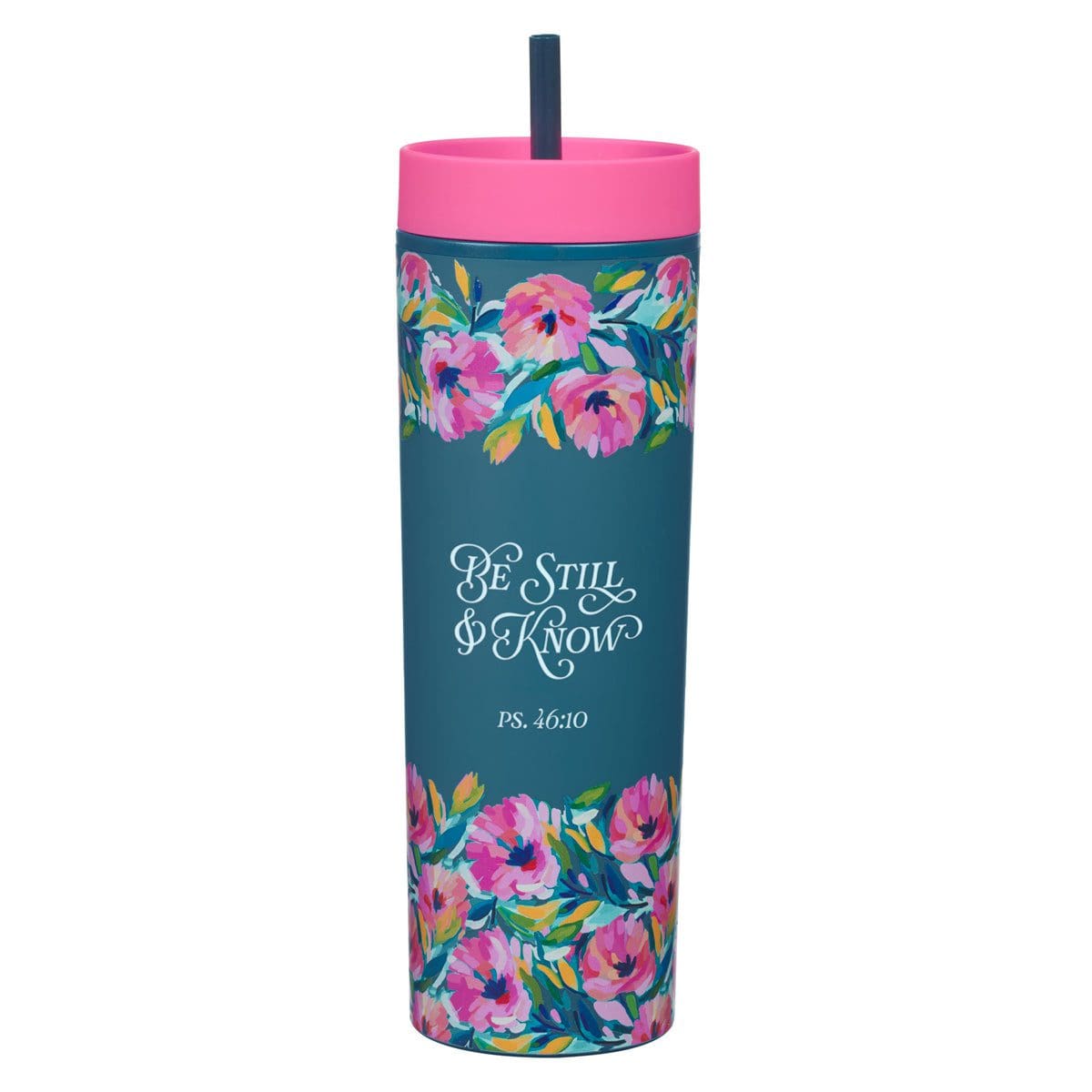 6006937171374_front Be Still & Know Plastic Travel Tumbler with Straw - Image 1