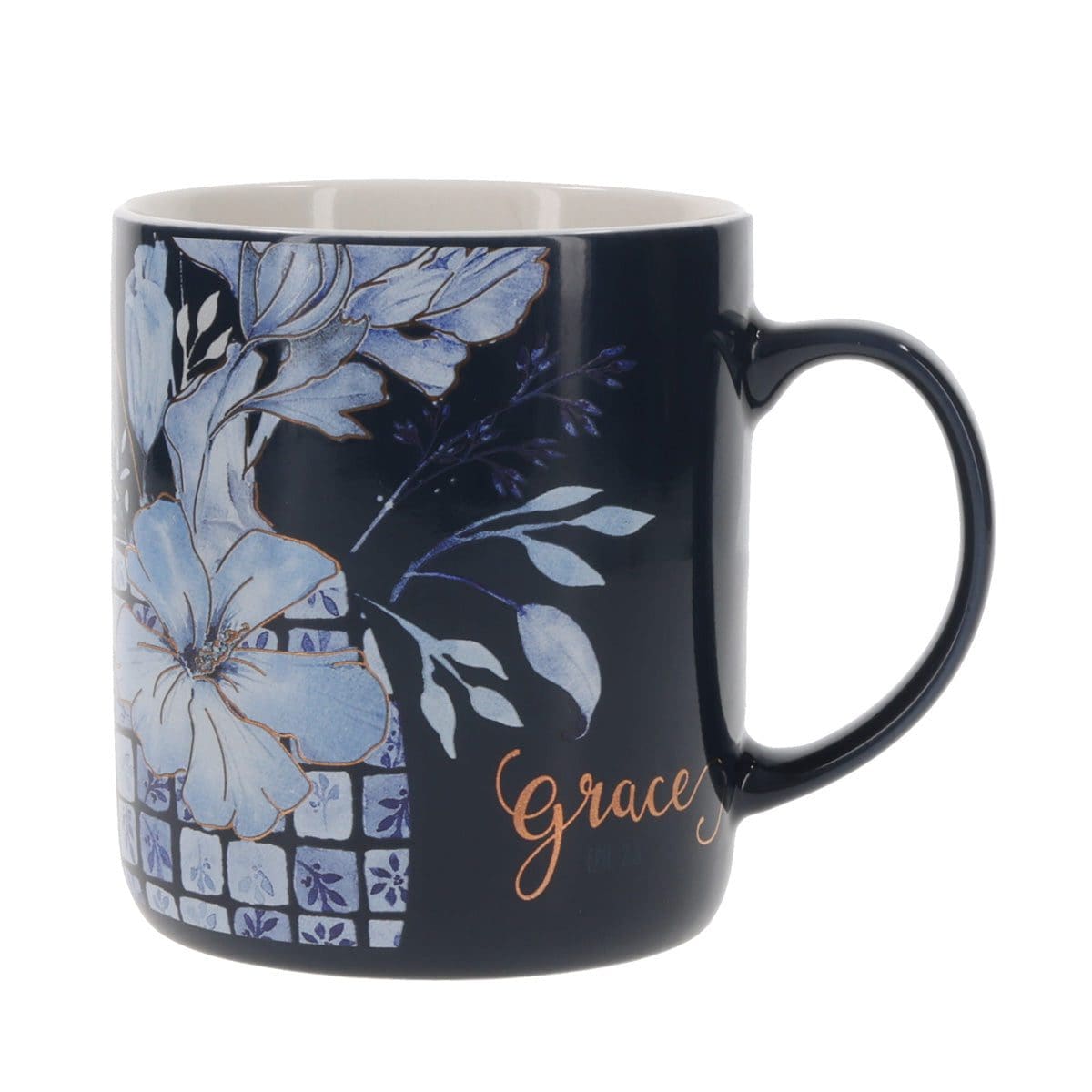 6006937171770_front Grace Floral Navy Blue Ceramic Mug - Image 1