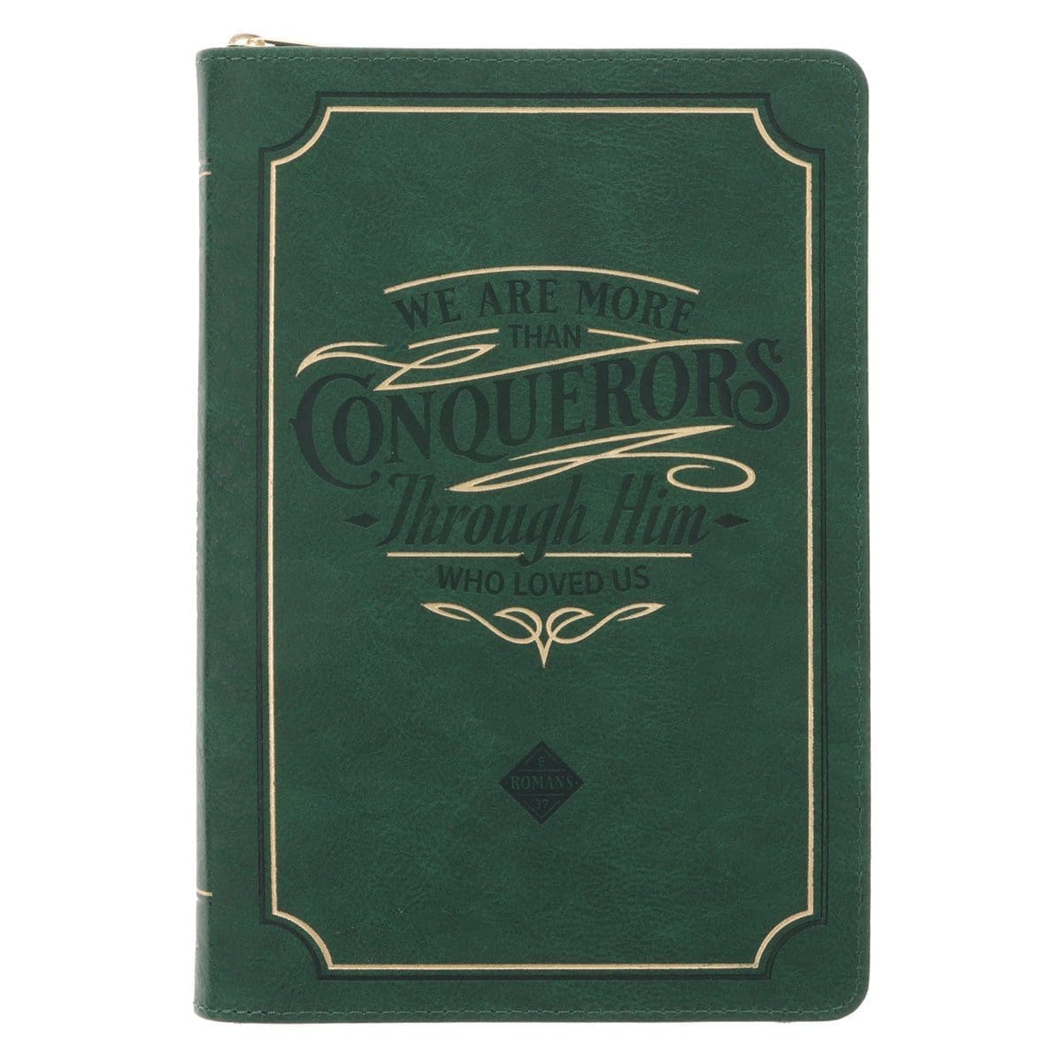 9781639528790_front We Are More than Conquerors Through Him Who Loved Us Green Faux Leather Journal with Zipped Closure - Image 1
