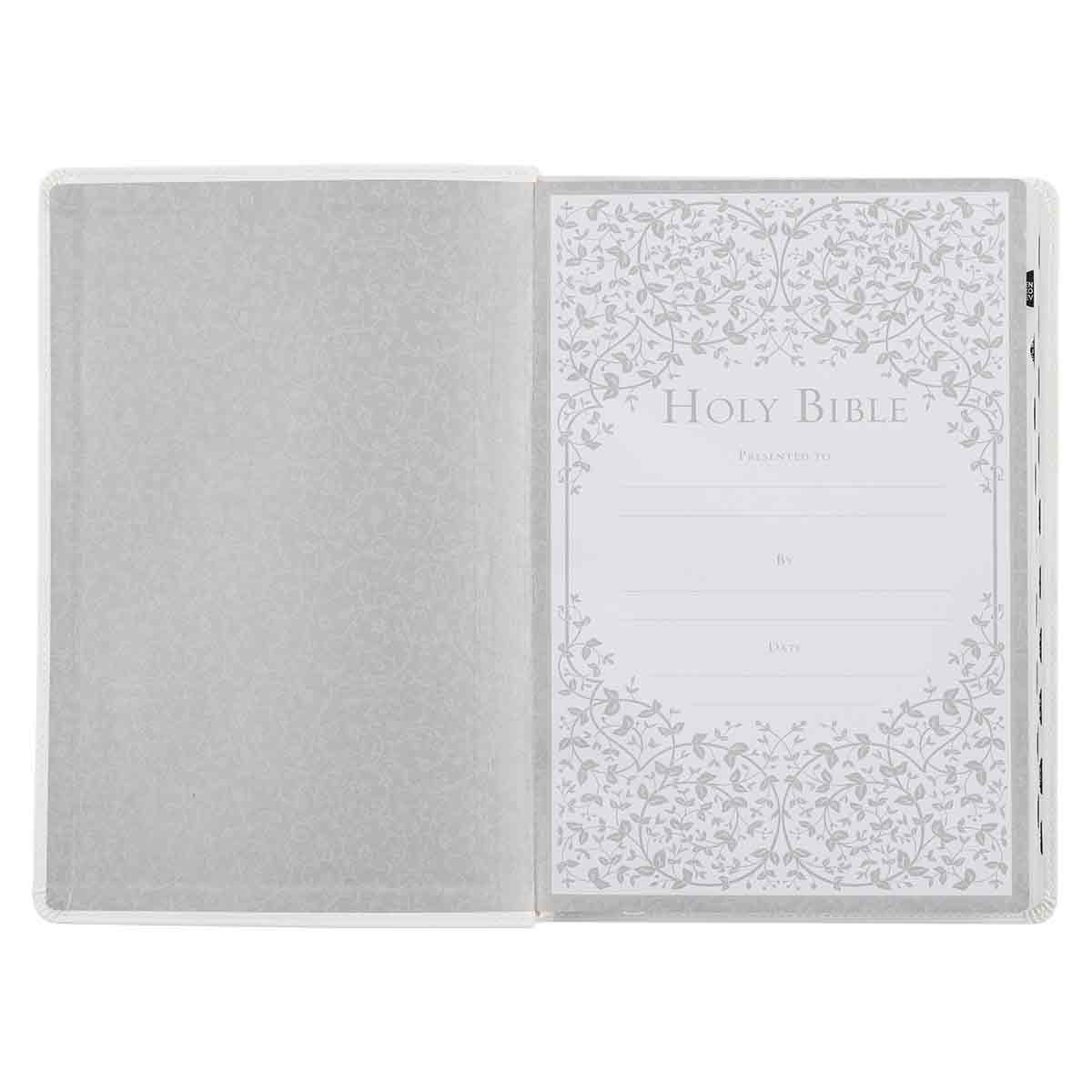 9781642724677_feature3 KJV White Faux Leather Thinline Large Print Bible With Thumb Indexing - Image 5