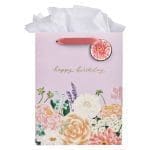 Happy Birthday Purple Floral Portrait Gift Bag with Gift Tag - Image 3