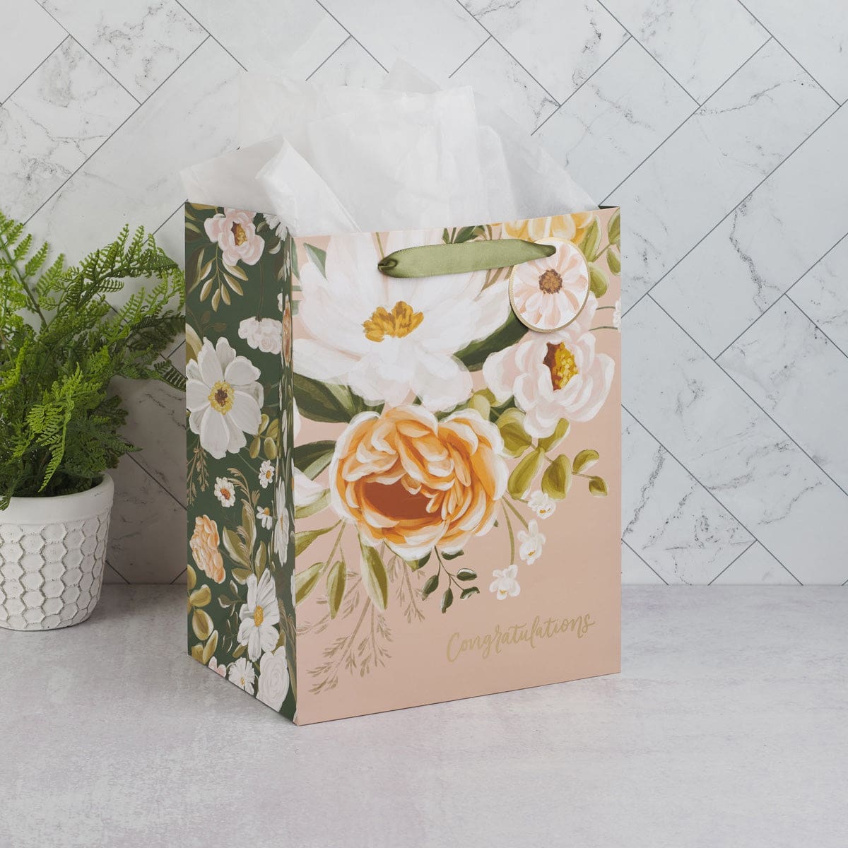 1220000326743_feature2 Congratulations Neutral Floral Portrait Gift Bag with Gift Tag - Image 5