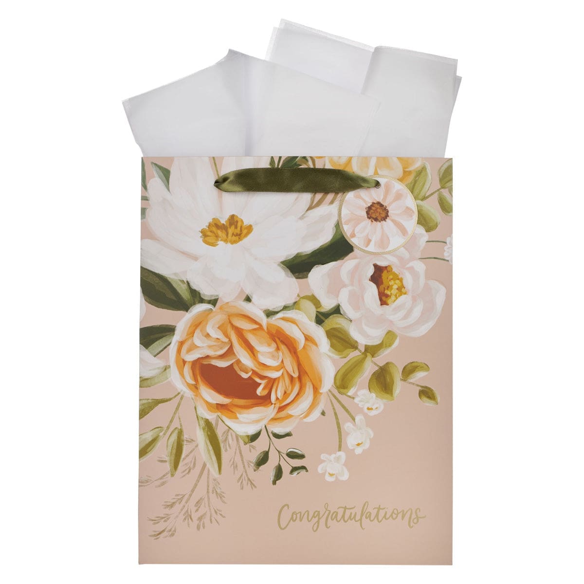 1220000326743_front Congratulations Neutral Floral Portrait Gift Bag with Gift Tag - Image 2