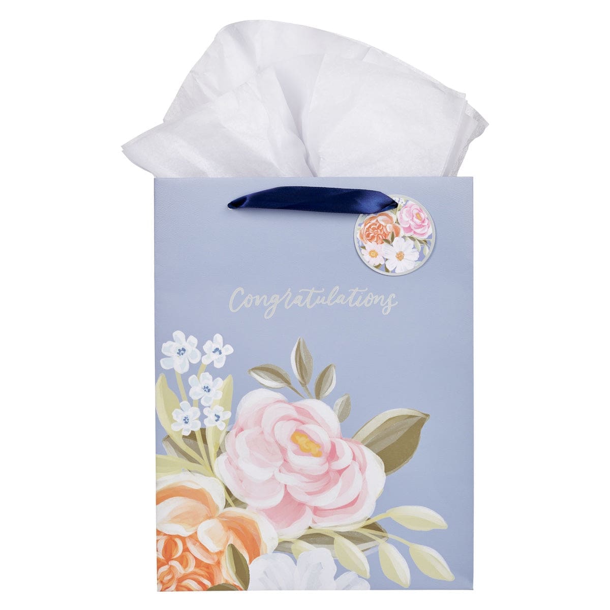 1220000326774_front Congratulations Blue Floral Portrait Gift Bag with Gift Tag - Image 3