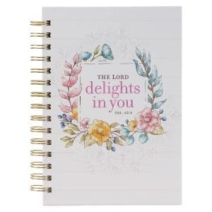 Lord Delights Isaiah 62:4 Bible Verse Floral Wreath 192 Ruled Pages, Large Hardcover Notebook