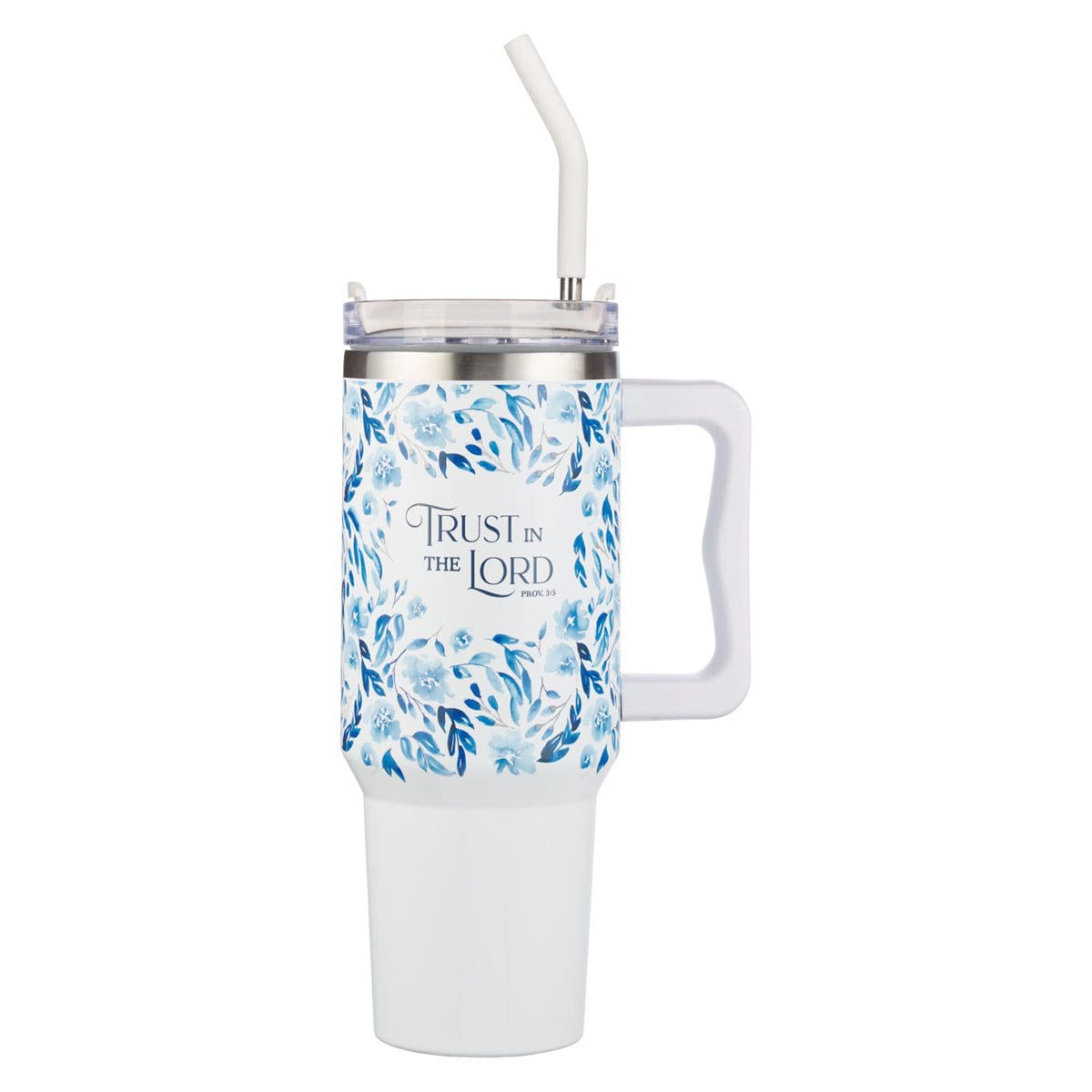 1220000327658_front Trust in the Lord White and Blue Floral Large Stainless Steel Mug with Handle and Straw - Image 1
