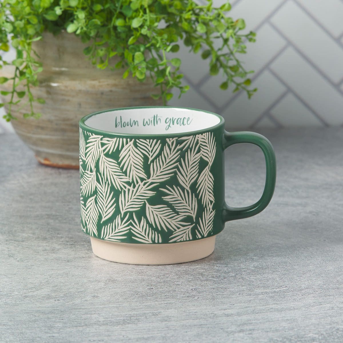 6006937164253_feature1 Bloom With Grace Dark Green Ceramic Mug With Leaf Motif - Image 12