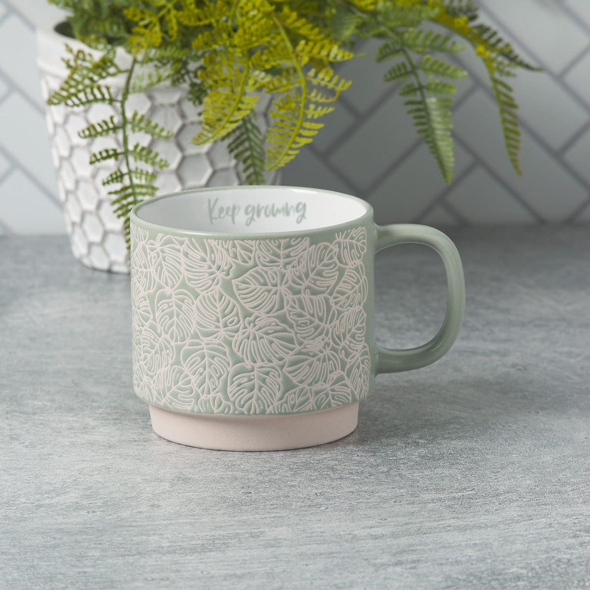 6006937164260_feature1 Keep Growing Light Shade Of Green Ceramic Mug With Leaf Motif - Image 12