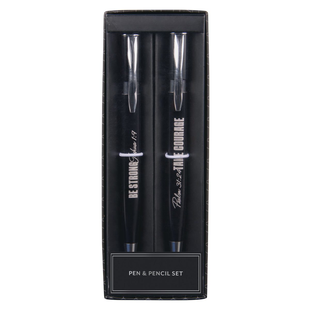 6006937165625_front Be Strong, Take Courage Executive Black Pen and Pencil Set - Image 1