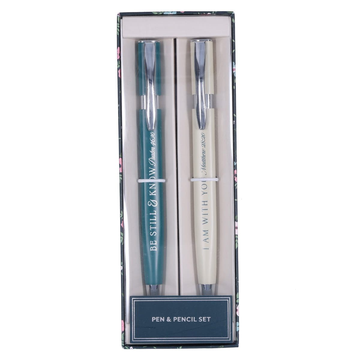6006937165656_front Be Still and Know & I Am with You Green Pen and Cream Pencil Set - Image 1