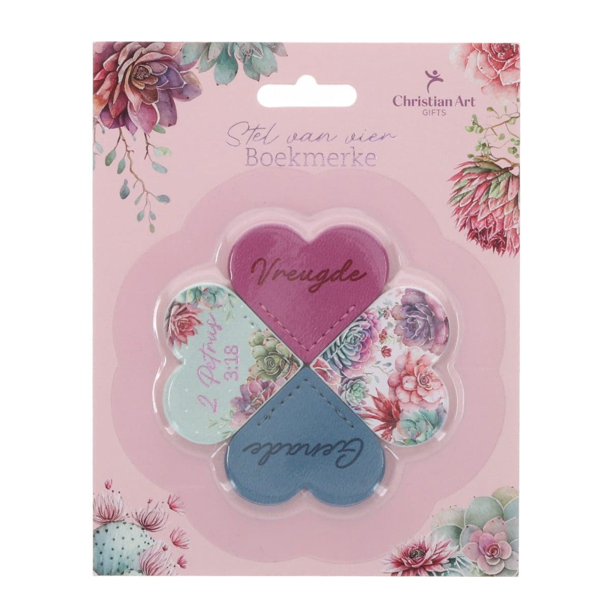 6006937173668_front Vreugde en Genade Afrikaans Four-Piece Faux Leather Heart Corner Bookmark Set - Image 3