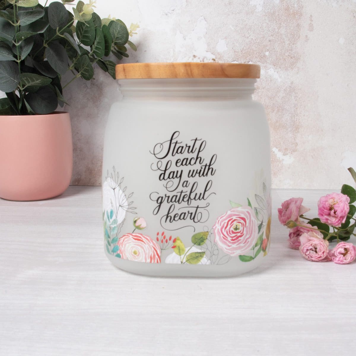 6006937173675_feature1 Start Each Day with a Grateful Heart Frosted Glass Jar with Bamboo Lid - Image 3