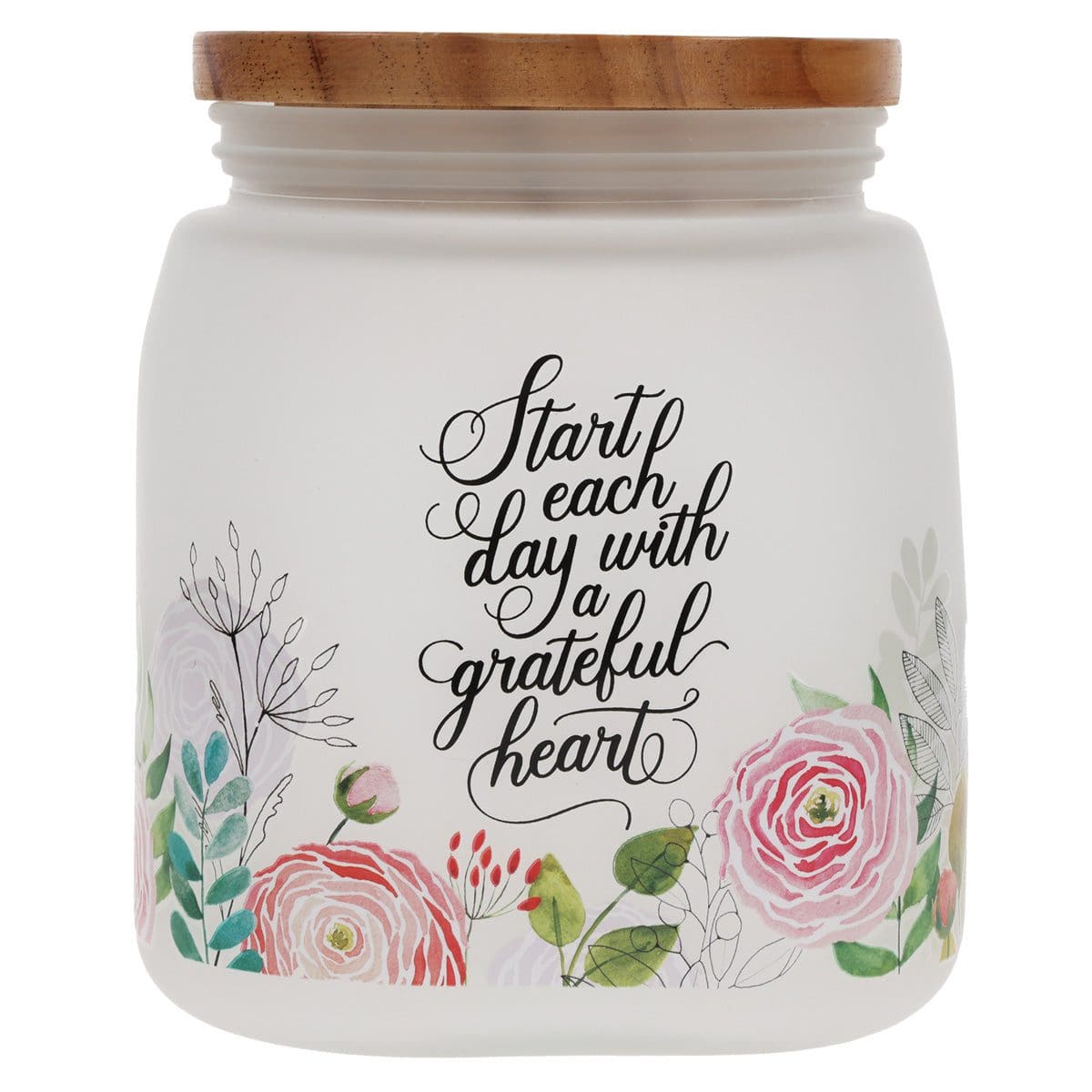 6006937173675_front Start Each Day with a Grateful Heart Frosted Glass Jar with Bamboo Lid - Image 1