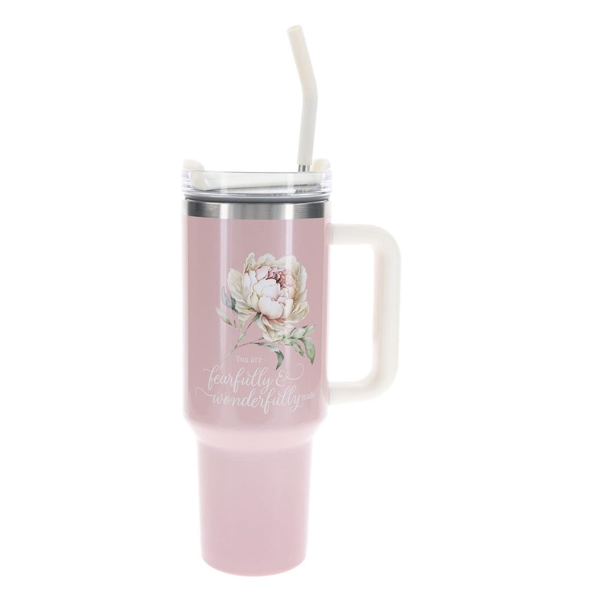 6006937174238_front You Are Fearfully and Wonderfully Made Large Stainless Steel Mug with Handle and Straw - Image 1